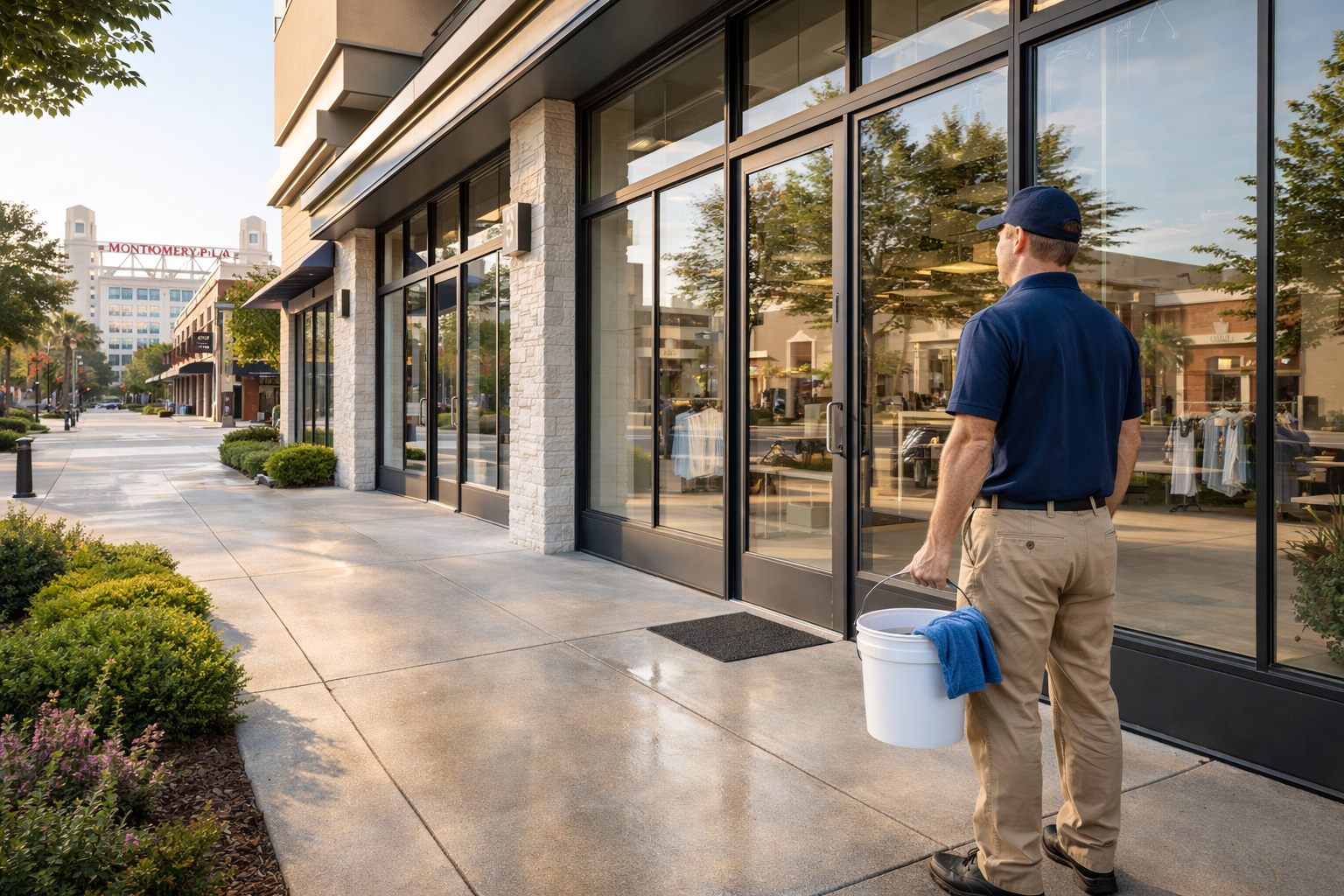 Commercial window cleaning at Montgomery Plaza